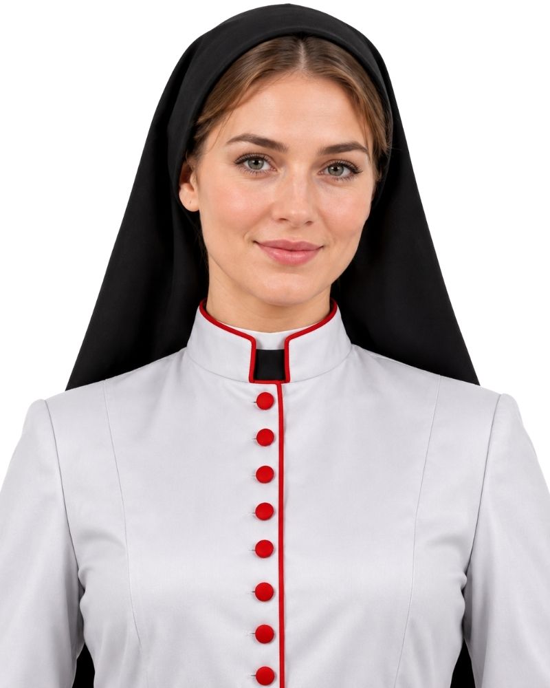 A woman wearing a Pious White Anglican Cassock With Red Trim with red trim and red front buttons, photographed against a plain white background.
