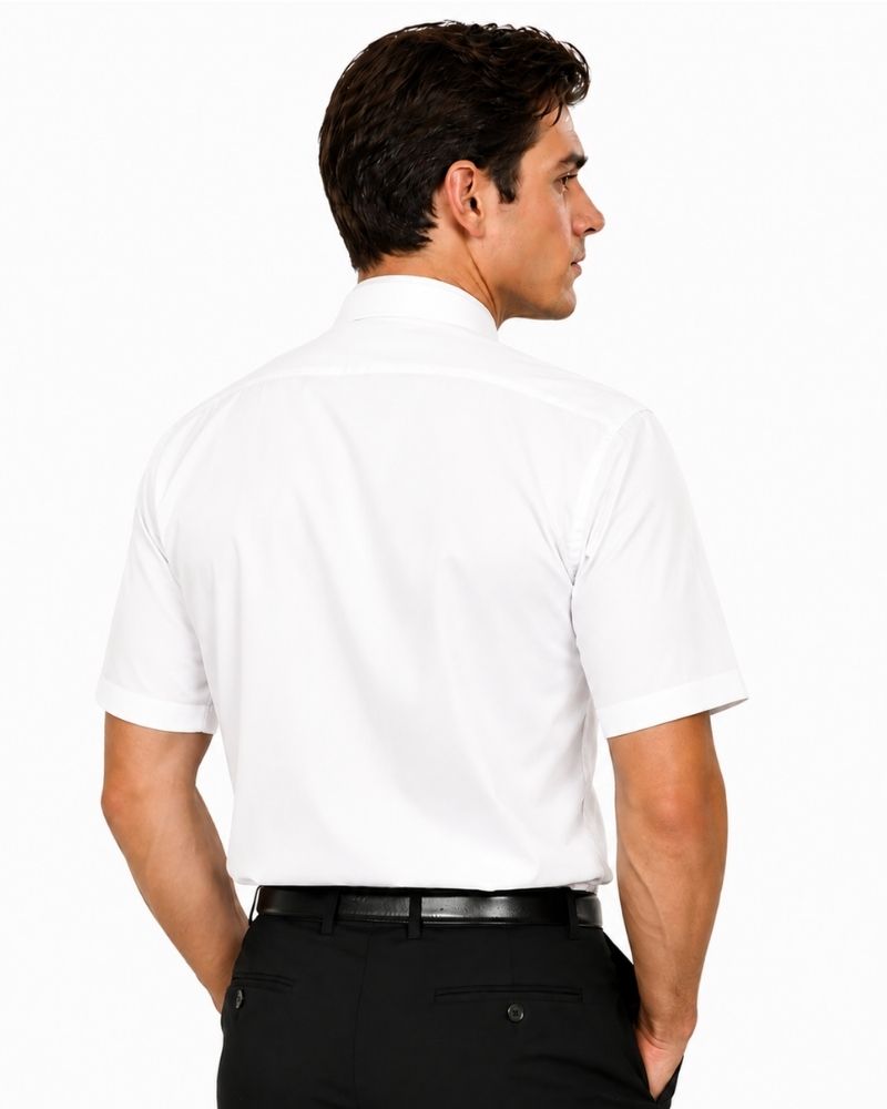 A man shown from the back wearing a white short-sleeve button-up shirt tucked into black trousers with a black belt, against a plain white background.