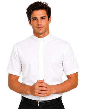 A man wearing a white short-sleeve clerical shirt with a unique high stand-up collar, paired with black trousers and a black belt, against a plain white background.