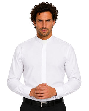 Man wearing a white clerical shirt and black pants on a white background
