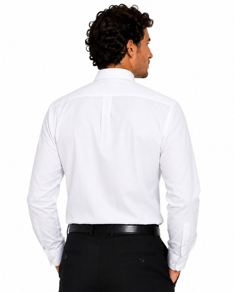 Man wearing a white clerical shirt and black pants on a white background