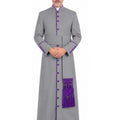 A man modeling a Purple Abdiel Clergy Cassock, purple buttons, and a matching purple sash, standing against a plain white background.