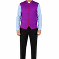 Man wearing a purple vest over a light blue shirt with black pants on a white background