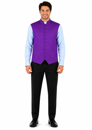 Man wearing a purple vest over a light blue shirt on a white background