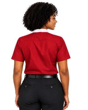A woman shown from the back wearing a short-sleeve red clerical shirt tucked into black trousers with a black belt, against a plain white background.