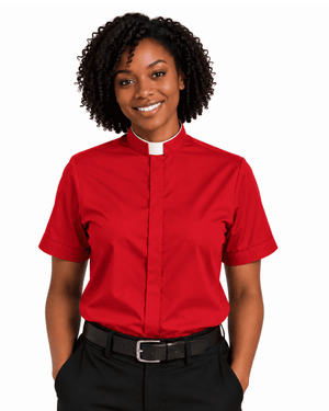 A woman wearing a red short-sleeve clerical shirt with a white collar, paired with black trousers and a black belt, shown against a plain white background.