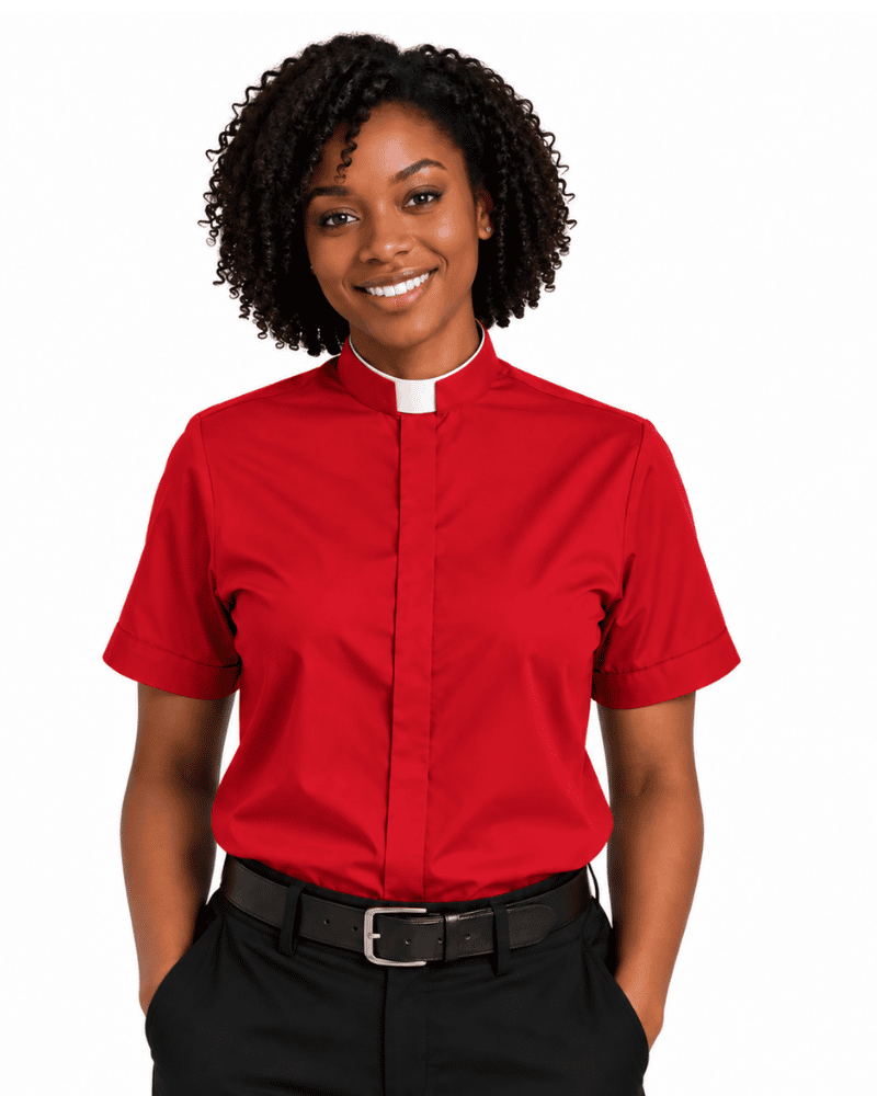 A woman wearing a red short-sleeve clerical shirt with a white collar, paired with black trousers and a black belt, shown against a plain white background.