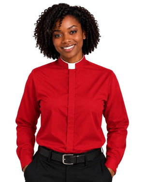 A woman wearing a red long-sleeve clerical shirt with a white collar, paired with black trousers and a black belt, shown against a plain white background.
