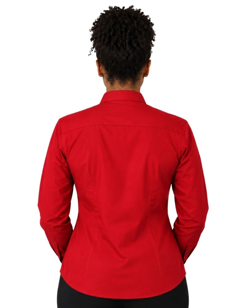 A woman shown from the back wearing a long-sleeve red clerical shirt tucked into black trousers with a black belt, against a plain white background.
