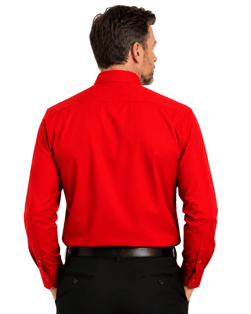 A man wearing a bright red long-sleeve clerical shirt paired with black trousers and a black belt, standing against a plain white background.