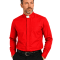 A man wearing a bright red long-sleeve clerical shirt with a white collar tab, paired with black trousers and a black belt, standing against a plain white background.