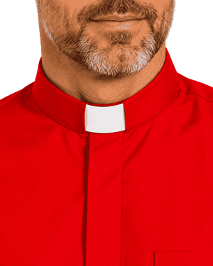 A close-up of a man's lower face, beard, neck, and chest wearing a bright red clerical shirt with a white clerical collar.