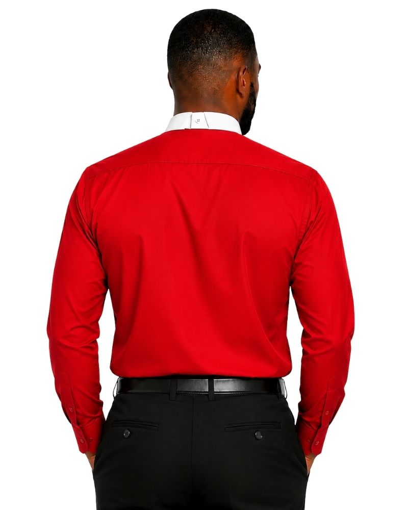 A man viewed from the back wearing a bright red long-sleeve clerical shirt, black trousers, and a black belt against a plain white background.
