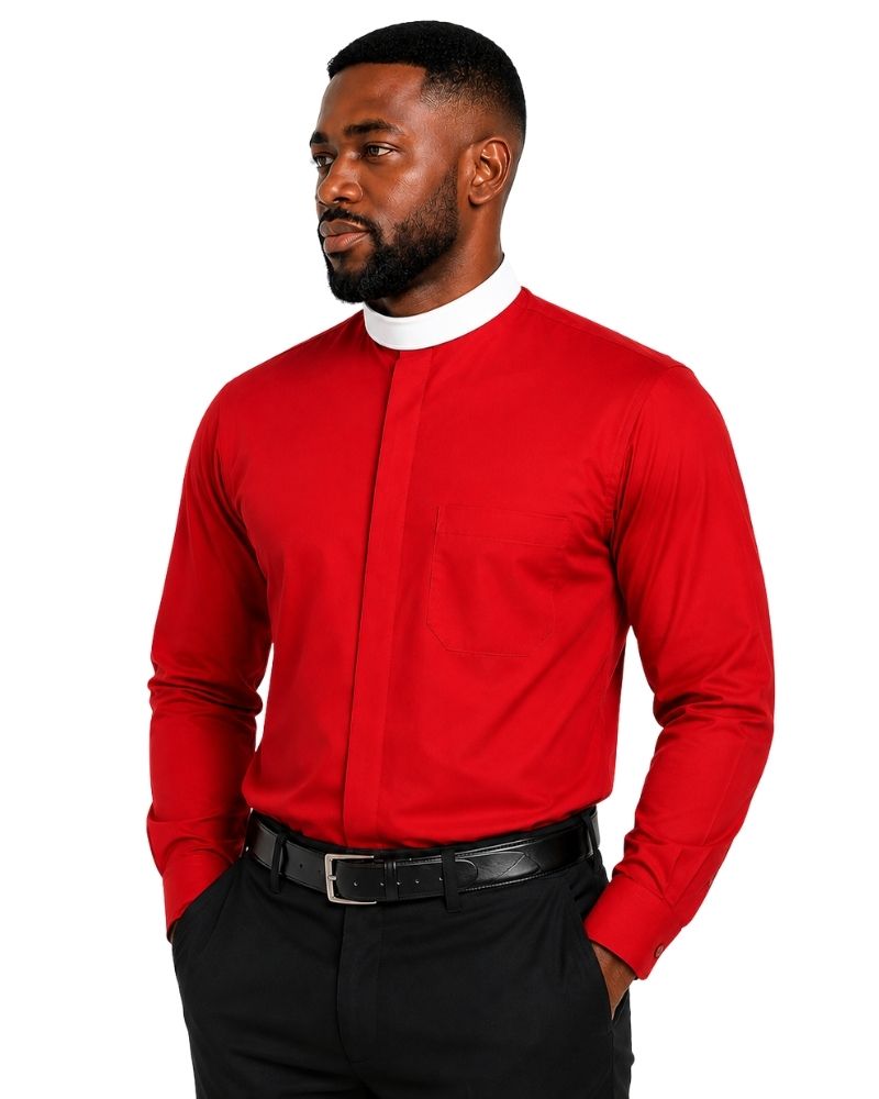 A man wearing a vibrant red long-sleeve clerical shirt with a contrasting white mock neck collar, paired with black trousers and a black belt, set against a plain white background.