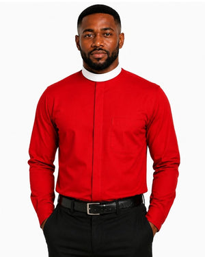 A man wearing a vibrant red long-sleeve clerical shirt with a contrasting white mock neck collar, paired with black trousers and a black belt, set against a plain white background.