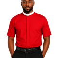 A man wearing a bright red short-sleeve clerical shirt with a chest pocket, paired with black trousers and a black belt, photographed against a plain white background.