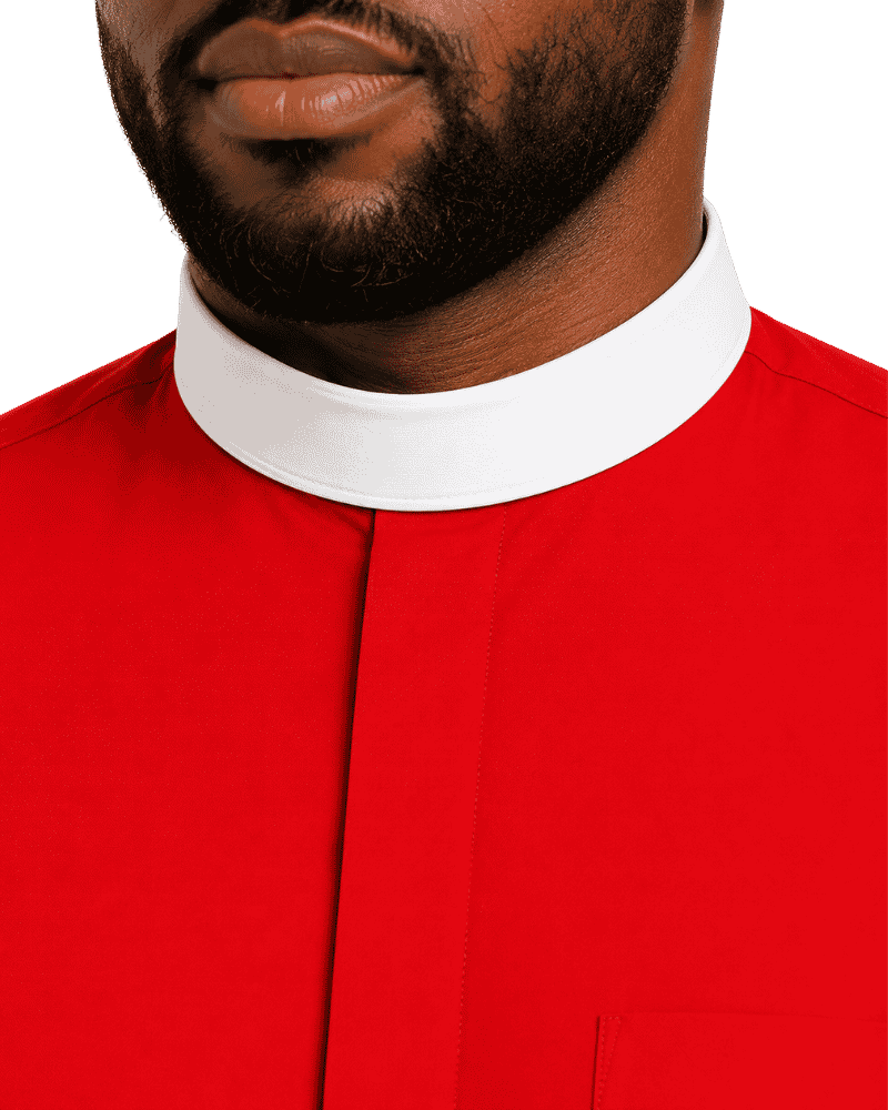 Close-up of a man wearing a bright red clerical shirt with a contrasting white high collar.