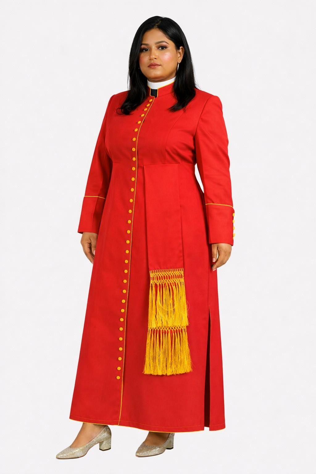 Woman wearing a red robe with yellow accents on a white background