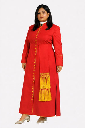 Woman wearing a red robe with yellow accents on a white background