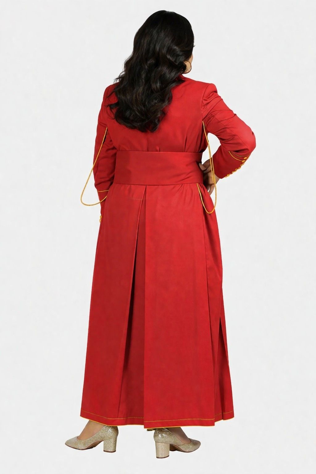 Red robe with gold accents worn by a women on a white background