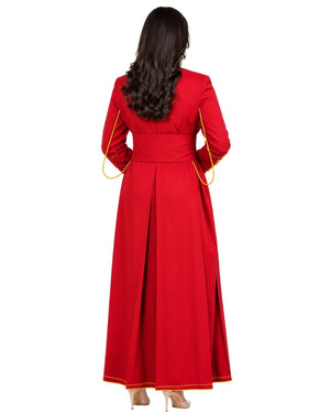 A woman viewed from the back wearing a long red cassock with gold trim details along the shoulders and hem, set against a plain white background.