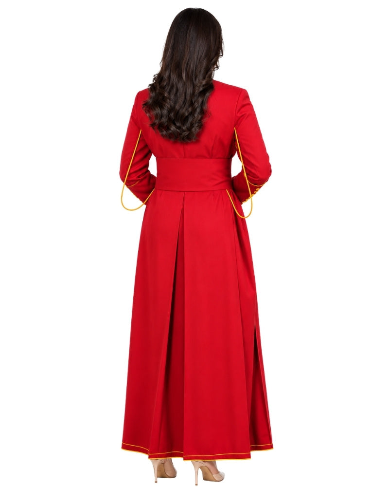 A woman viewed from the back wearing a long red cassock with gold trim details along the shoulders and hem, set against a plain white background.