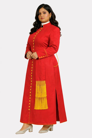 Woman wearing a red robe with yellow accents on a white background