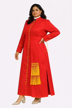 Woman wearing a red robe with yellow accents on a white background