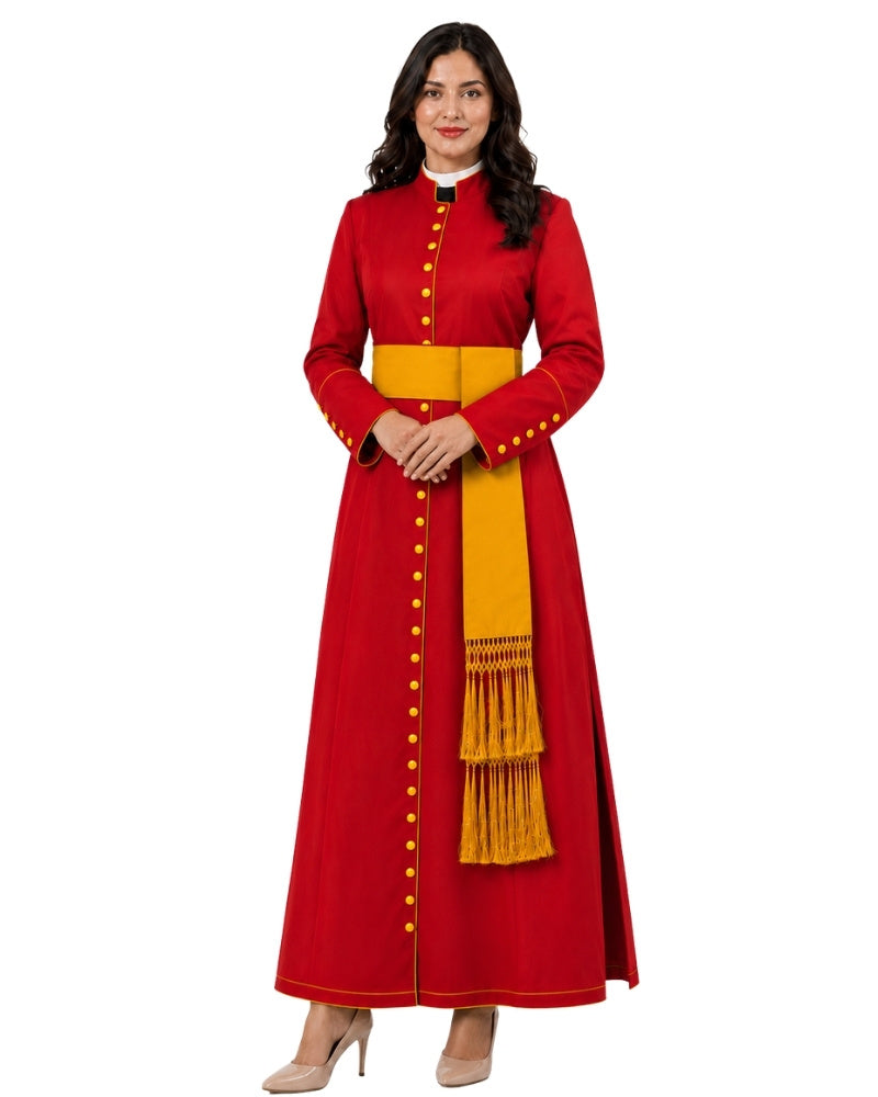 A woman modeling a long red cassock with gold buttons, a wide yellow waist sash, and a matching yellow scarf with fringe, photographed against a plain white background.