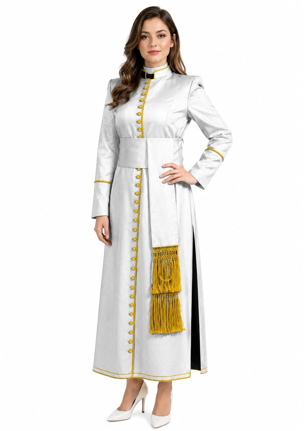 Woman wearing a white robe with yellow accents on a white background
