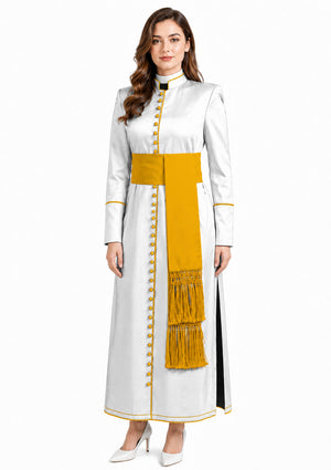 Woman wearing a white robe with yellow accents and a matching scarf on a white background