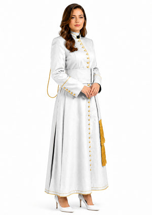 Woman wearing a white robe with yellow buttons on a white background