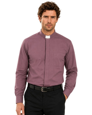 Man wearing a purple clerical shirt with a white collar on a white background