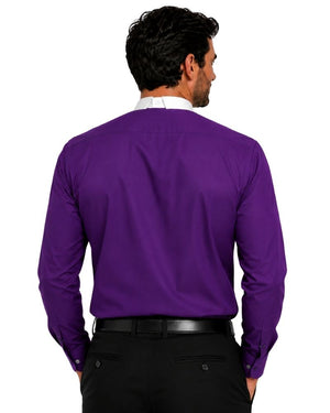Backside of the man wearing the roam purple clerical shirt again the plain white background.