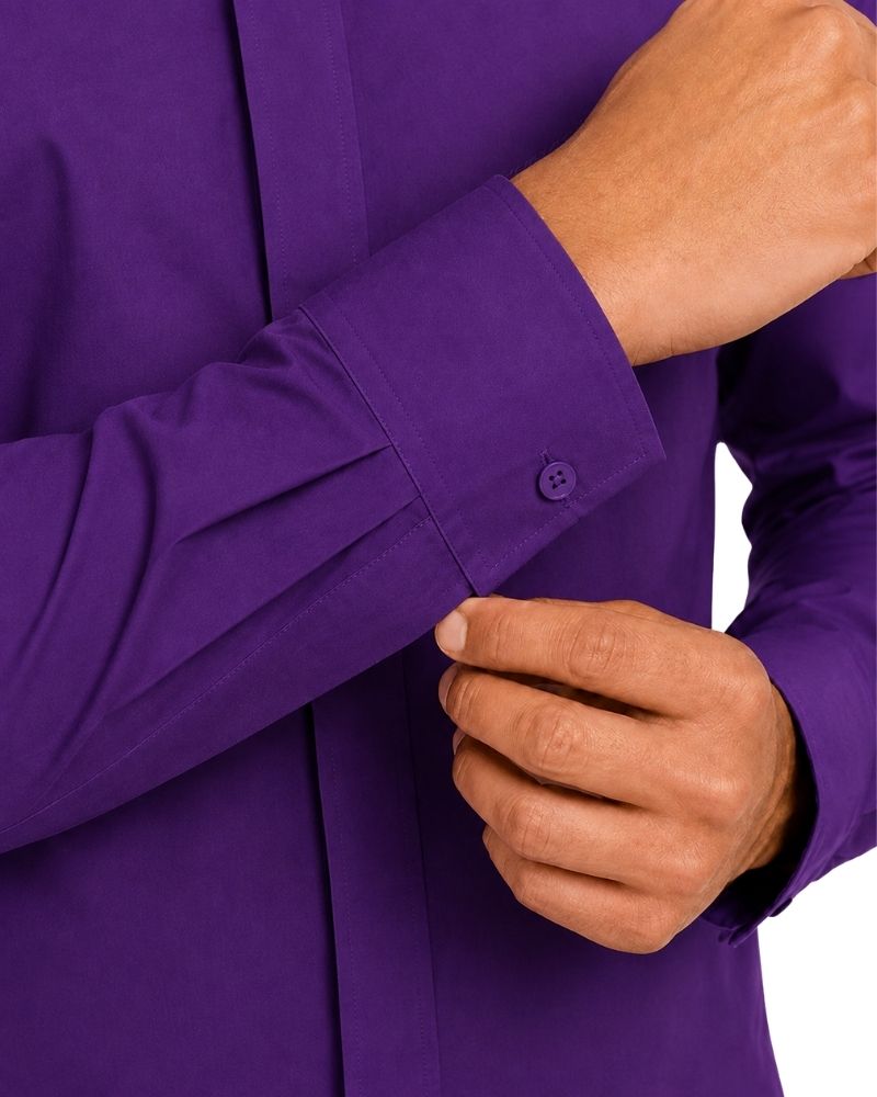 Close up of the roman purple shirt at the cuffs on the plain white background.