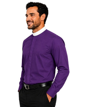 Man wearing the roman purple clerical shirt showing the left angle of the shirt  against the plain white background.