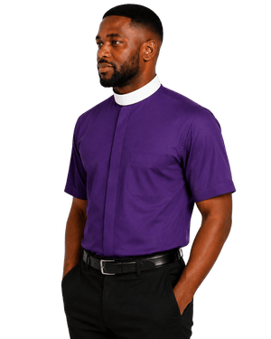 A man wearing a purple short-sleeve clerical shirt with a white collar, paired with black trousers and a black belt, shown against a plain white background.