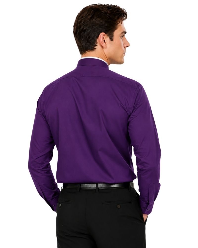 A man wearing a solid purple long-sleeve clerical shirt, shown from the back, paired with black trousers and a black belt, against a plain white background.