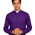 A man wearing a purple long-sleeve clerical shirt with a white collar, paired with a black belt, against a plain white background.