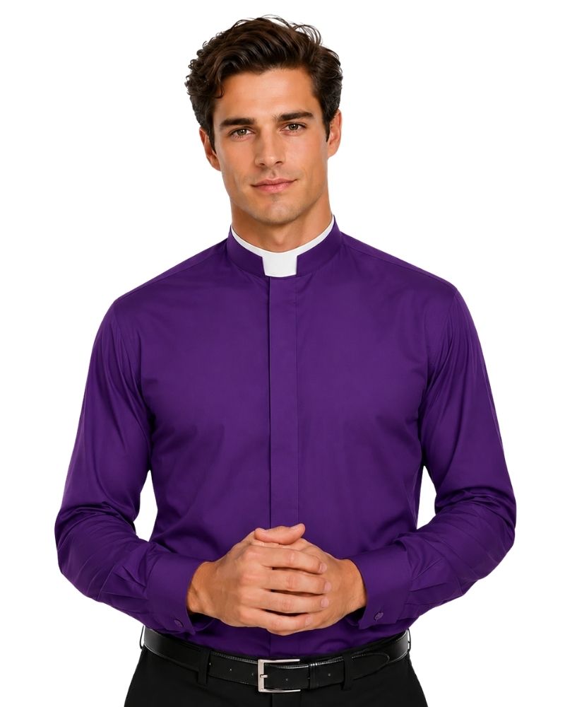 A man wearing a purple long-sleeve clerical shirt with a white collar, paired with a black belt, against a plain white background.