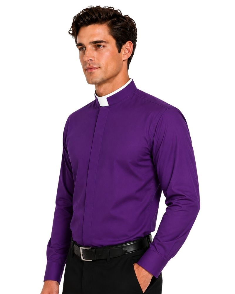 A man wearing a purple long-sleeve clerical shirt with a white clerical collar, paired with black trousers and a black belt, photographed against a solid white background.