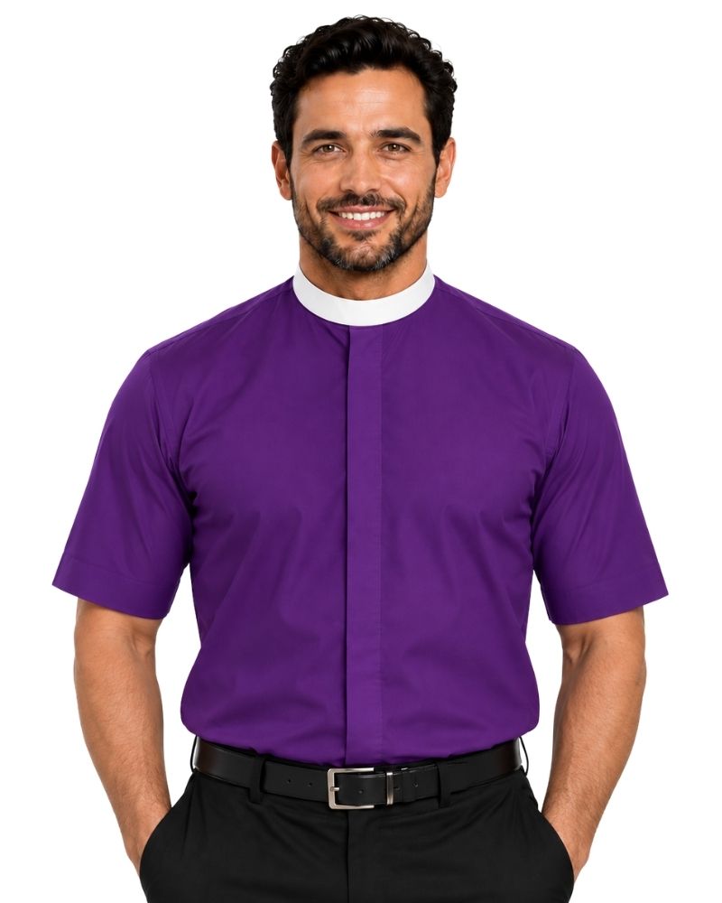 A man wearing a purple short-sleeve clerical shirt with a white collar, paired with black trousers and a black belt, shown against a plain white background.