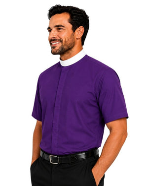 A man wearing a purple short-sleeve clerical shirt with a white collar, paired with black trousers and a black belt, shown against a plain white background.