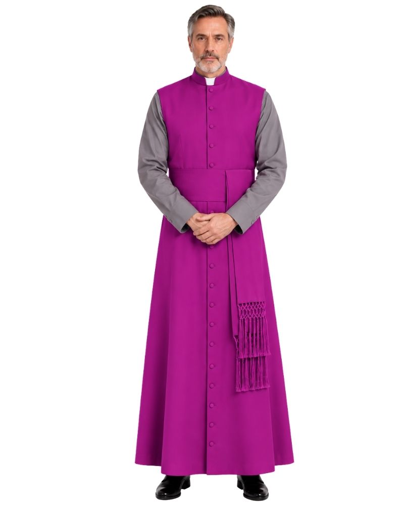 A man modeling a Roman Purple Obed Sleeveless Clergy Robe, shown against a plain white background.