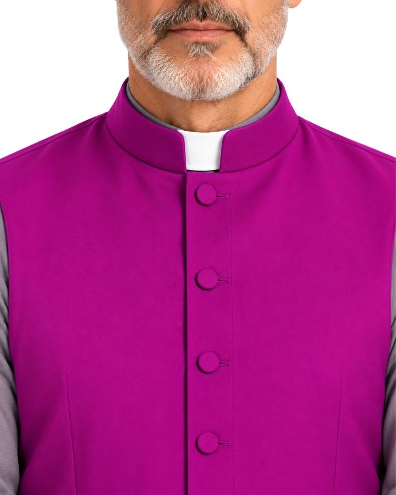 A close-up of a man wearing a Roman Purple Obed Sleeveless Clergy Robe over a gray shirt and white collar, shown from the lower face to the chest against a plain white background.