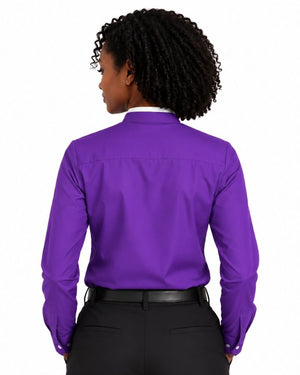 A woman shown from the back wearing a vibrant purple long-sleeve clerical shirt tucked into black trousers, against a plain white background.