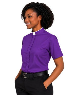 A woman modeling a purple short-sleeve clerical shirt with a white collar, paired with black trousers and a black belt, against a plain white background.