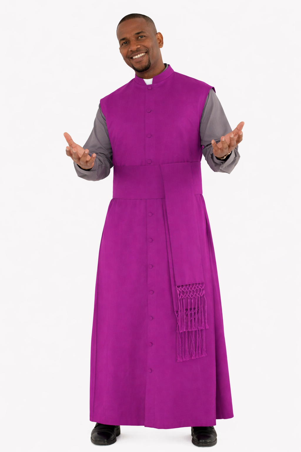 Man wearing a purple cassock on a white background
