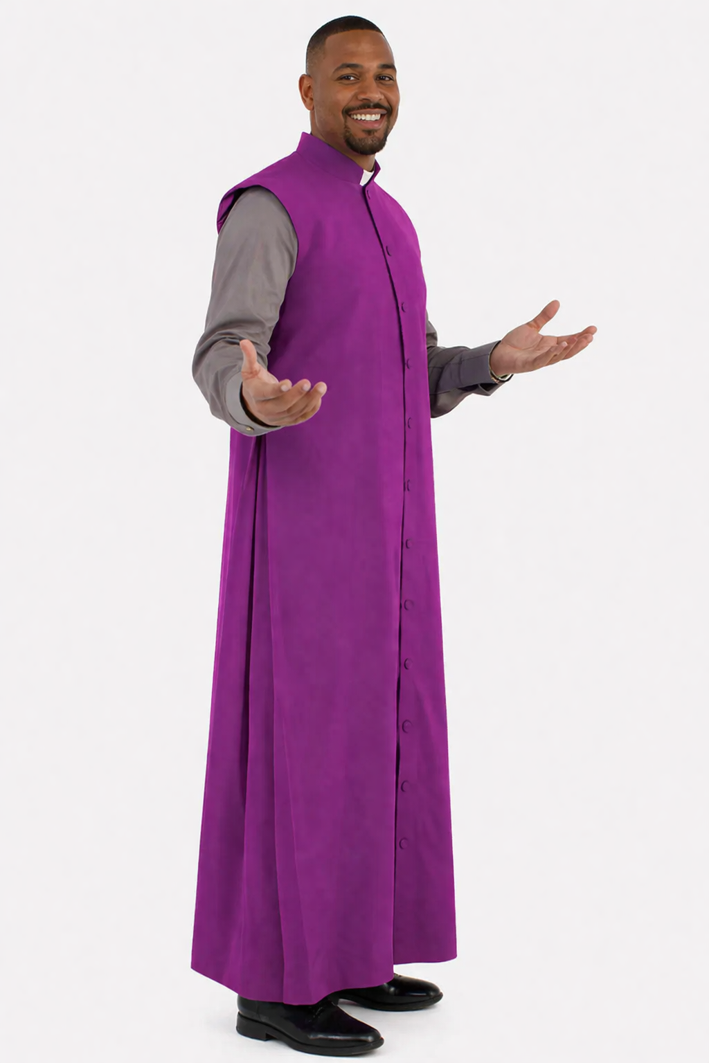 Man wearing a purple vestment on a white background
