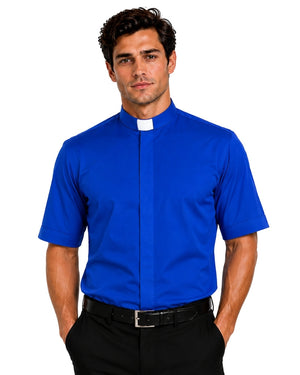 A man wearing a royal blue short-sleeve clerical shirt with a white collar tab, paired with black trousers and a black belt, against a plain white background.